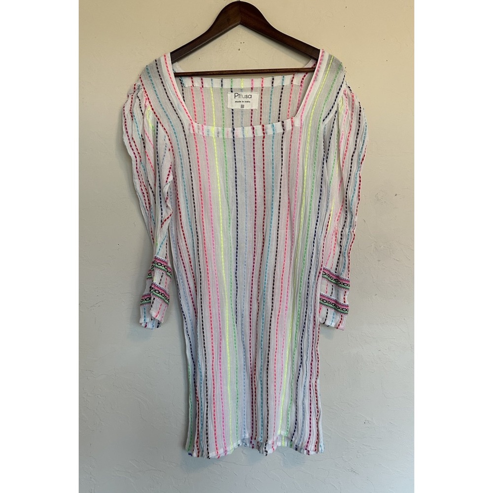 Pitusa White Mini Dress with Neon Pink, Yellow & Green Stripes